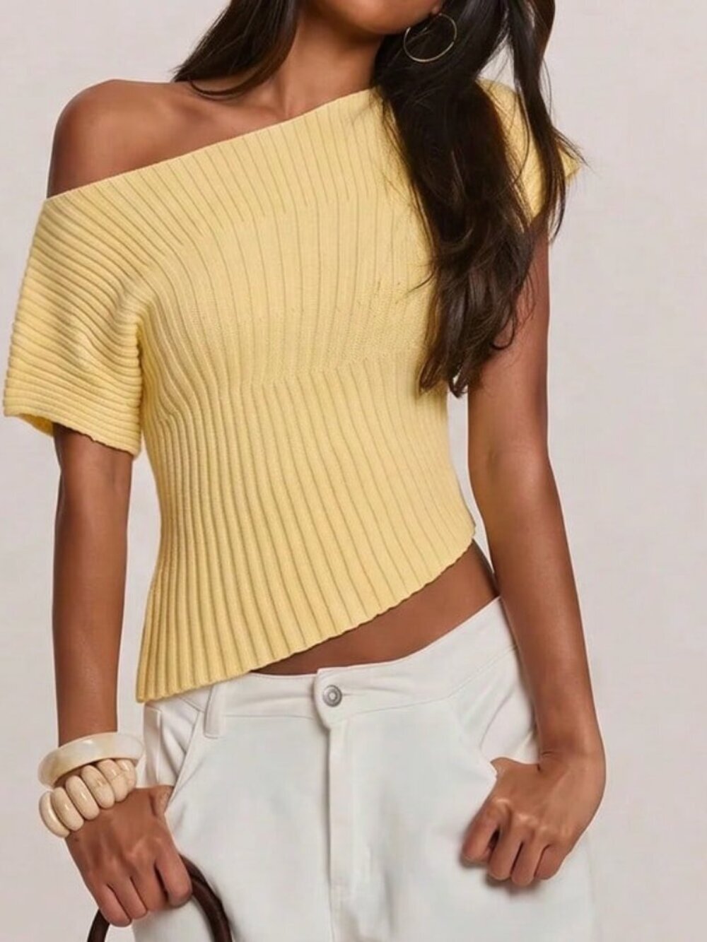 Yellow Casual Women's Asymmetrical Cropped Knit Top - Picture 4 of 7